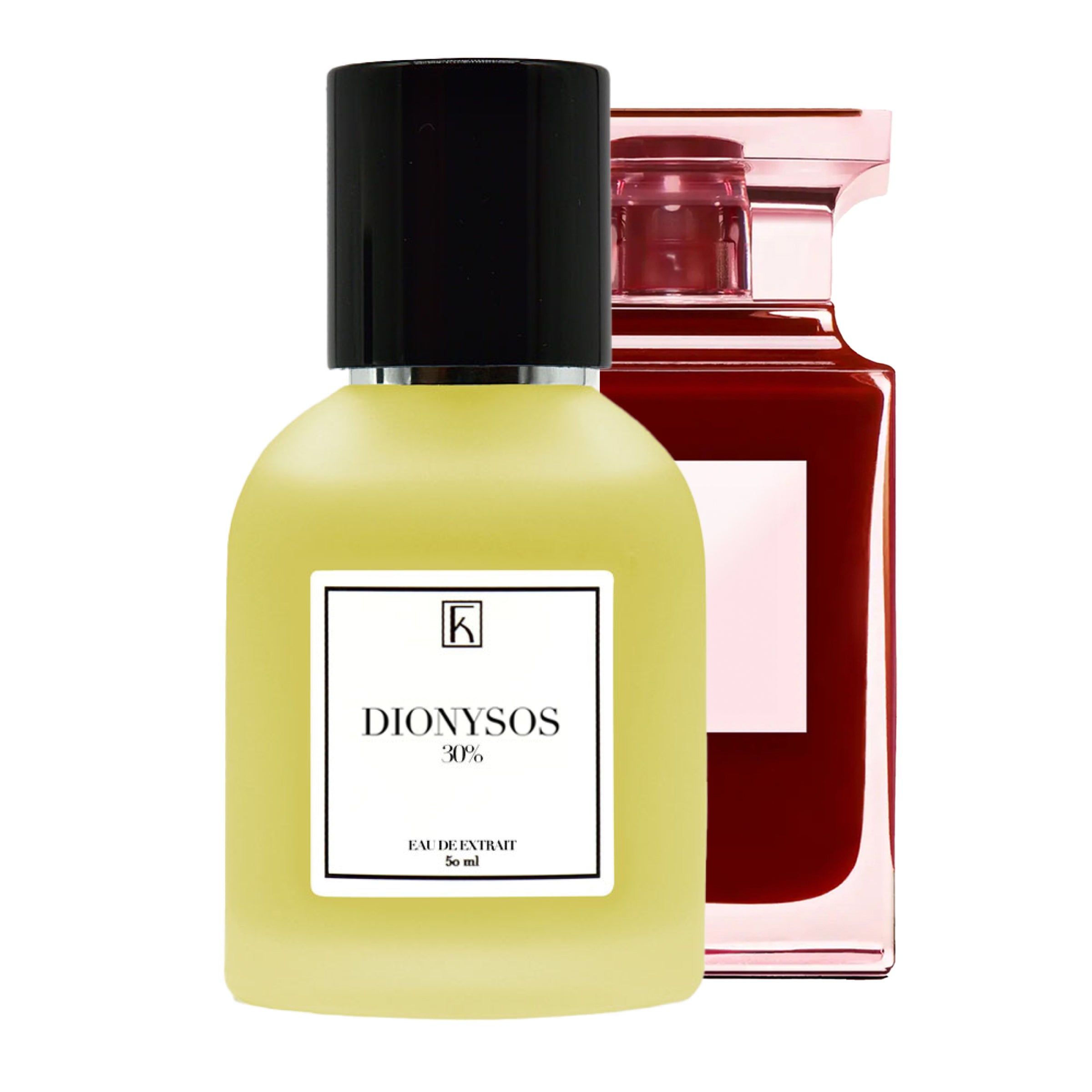 Im Vordergrund steht ein rundlicher Tom Ford Lost Cherry Duftzwilling Flakon mit schwarzem Verschluss und dem Etikett „Dionysos“, dahinter ein roter Parfumflakon.