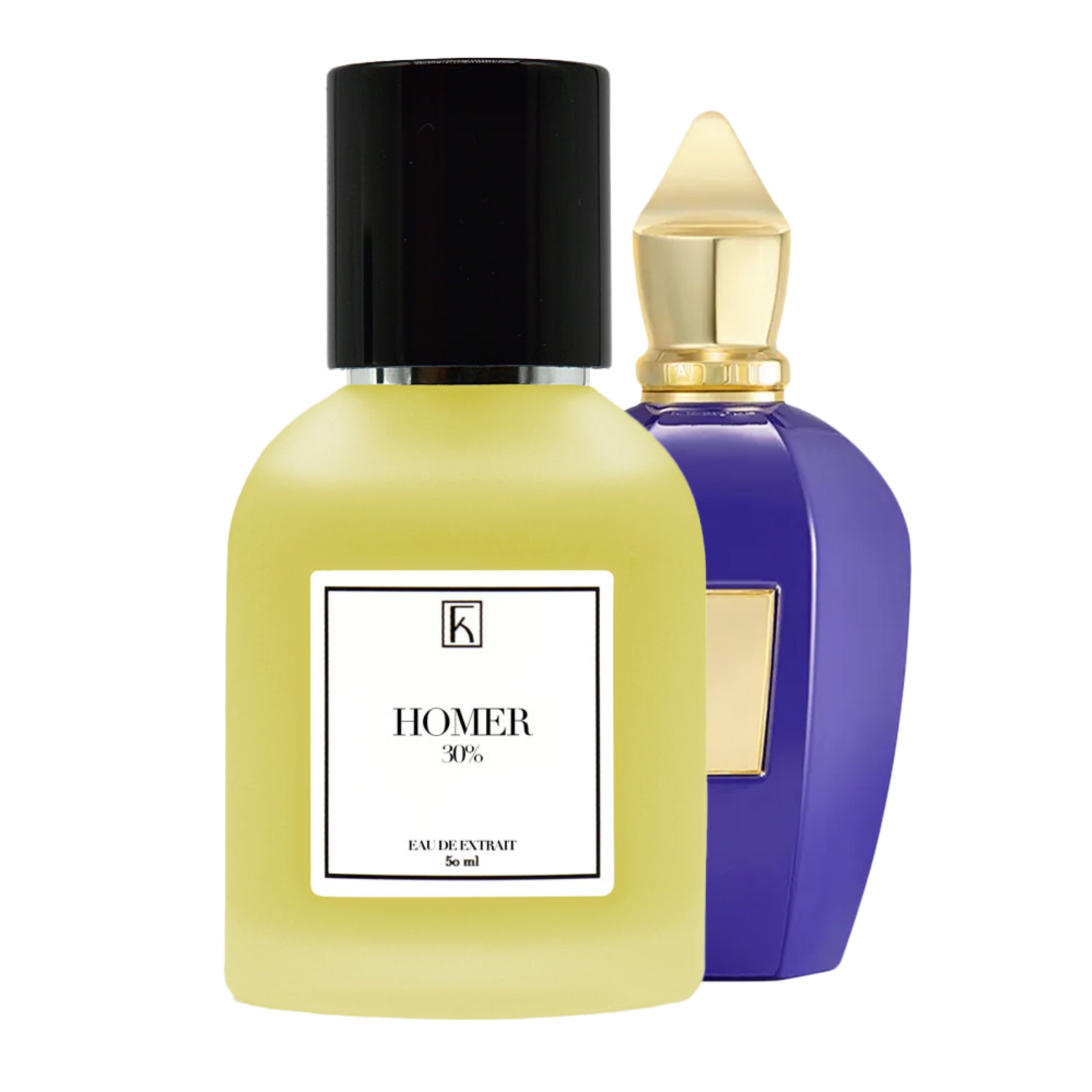 Im Vordergrund steht eine gelbliche Parfümflasche mit schwarzem Deckel und weißem Etikett mit der Aufschrift „Homer 30%“. Dahinter befindet sich eine zweite, violette Flasche mit goldener, spitz zulaufender Kappe und rechteckigem goldenen Etikett. Beide Flaschen stehen auf weißem Hintergrund.