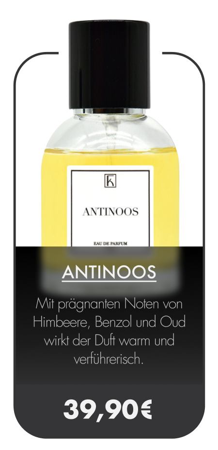 Eine Flasche Parfum mit gelblicher Flüssigkeit, schwarzem Deckel und weißem Etikett, darauf steht „ANTINOOS“. Darunter Beschreibung und Preis.
