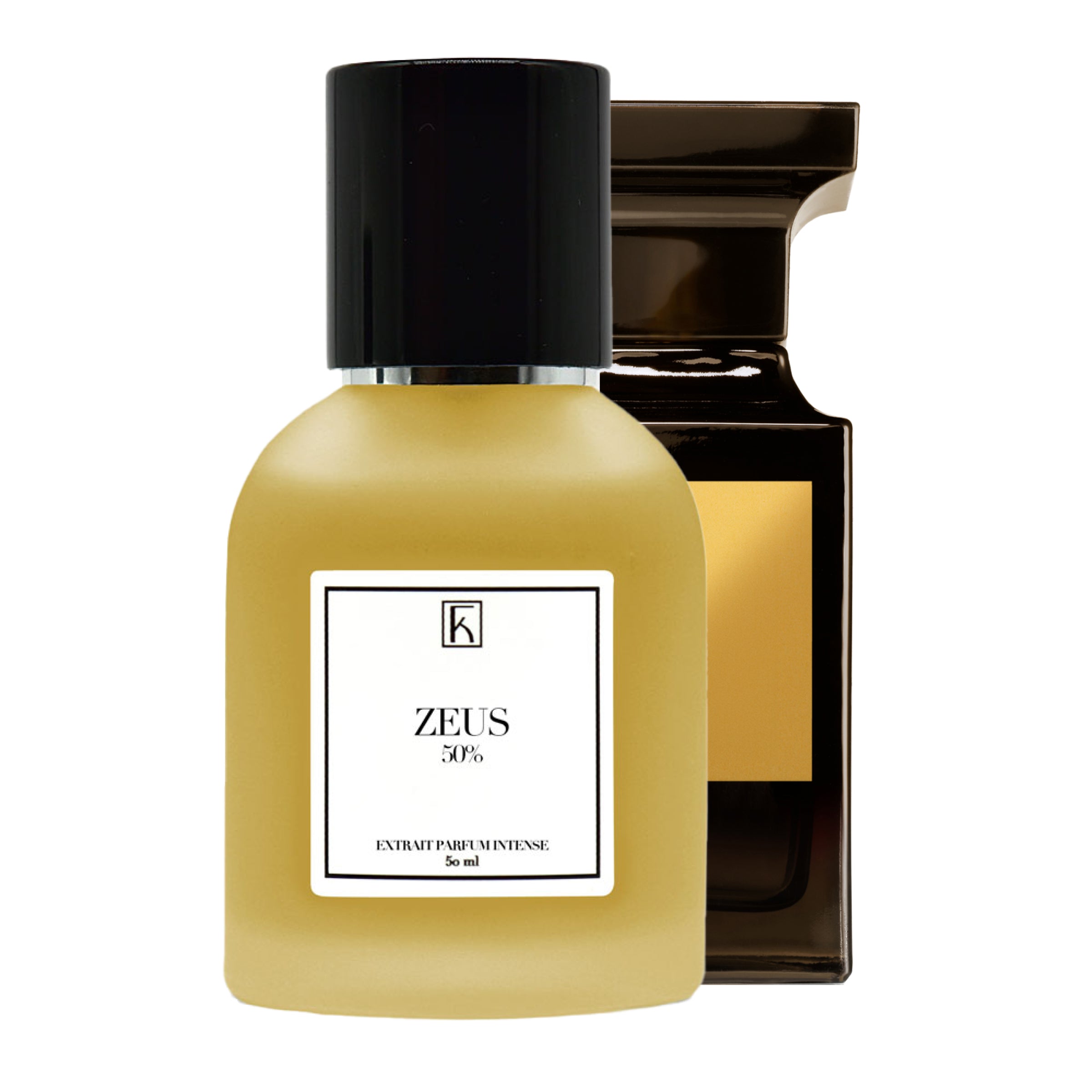 Im Bild sind zwei Parfümflakons zu sehen. Im Vordergrund steht eine matte, gelbliche Flasche mit schwarzem Deckel und weißem Etikett mit der Aufschrift "ZEUS 50%". Die Form ist rundlich und modern. Im Hintergrund befindet sich ein zweiter, eckiger, glänzender Flakon in dunklem Braun oder Schwarz, mit einem goldenen Etikett auf der Vorderseite und einem auffällig geformten Verschluss. Beide Flakons wirken hochwertig und edel.