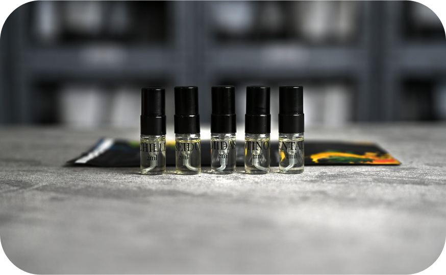 Fünf kleine transparente Sprühflaschen mit schwarzem Verschluss, gefüllt mit Flüssigkeit, stehen nebeneinander auf einer grauen Oberfläche. Im Hintergrund ist unscharf eine mehrfarbige, flache Verpackung zu sehen. Die Flaschen sind mit Text und einer Füllmenge von 2 ml beschriftet.