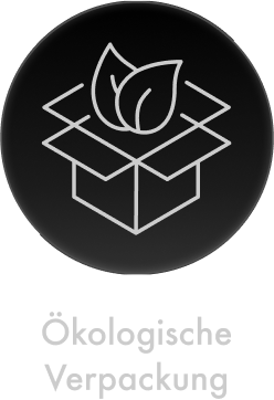 Ein rundes schwarzes Symbol mit einer weißen Linie einer offenen Verpackung, aus der stilisierte Blätter wachsen; darunter steht „Ökologische Verpackung“.
