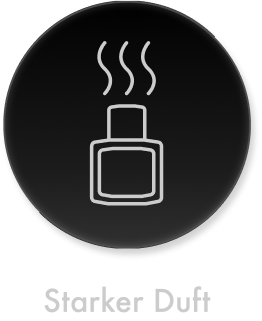 Ein schwarzer Kreis mit einer weißen, stilisierten Zeichnung einer Parfümflasche, über der drei Duftlinien aufsteigen. Darunter steht der Text „Starker Duft“.