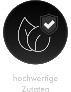 Das Bild zeigt ein rundes schwarzes Symbol mit einer weißen Grafik aus zwei Blättern und einem darüberliegenden Schild mit Häkchen. Darunter steht der Text „hochwertige Zutaten“.