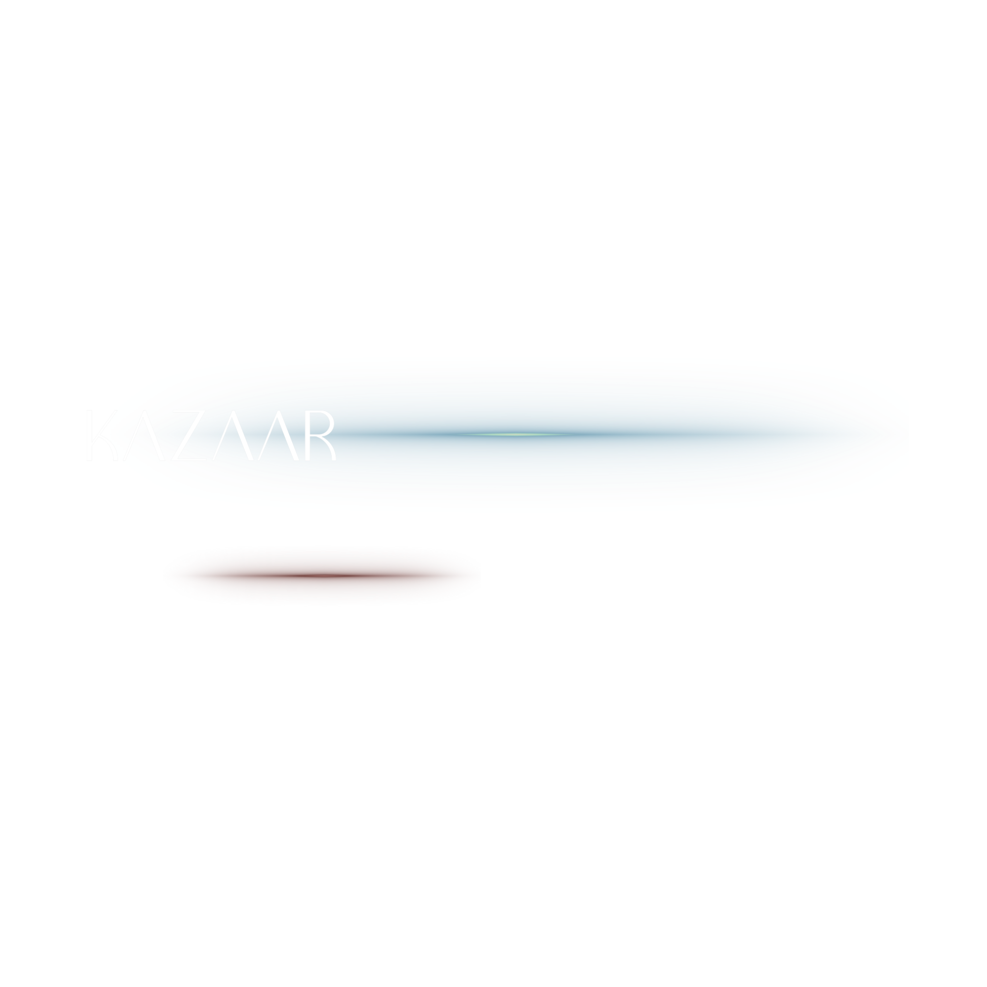 Auf schwarzem Hintergrund sind zwei längliche, horizontal verlaufende Formen: oben eine große blau-türkise, unten eine kleinere braune. Rechts daneben befindet sich weißer Text: „KAZAAR“, darunter kleiner „DROGERIE PARFÜMS“.