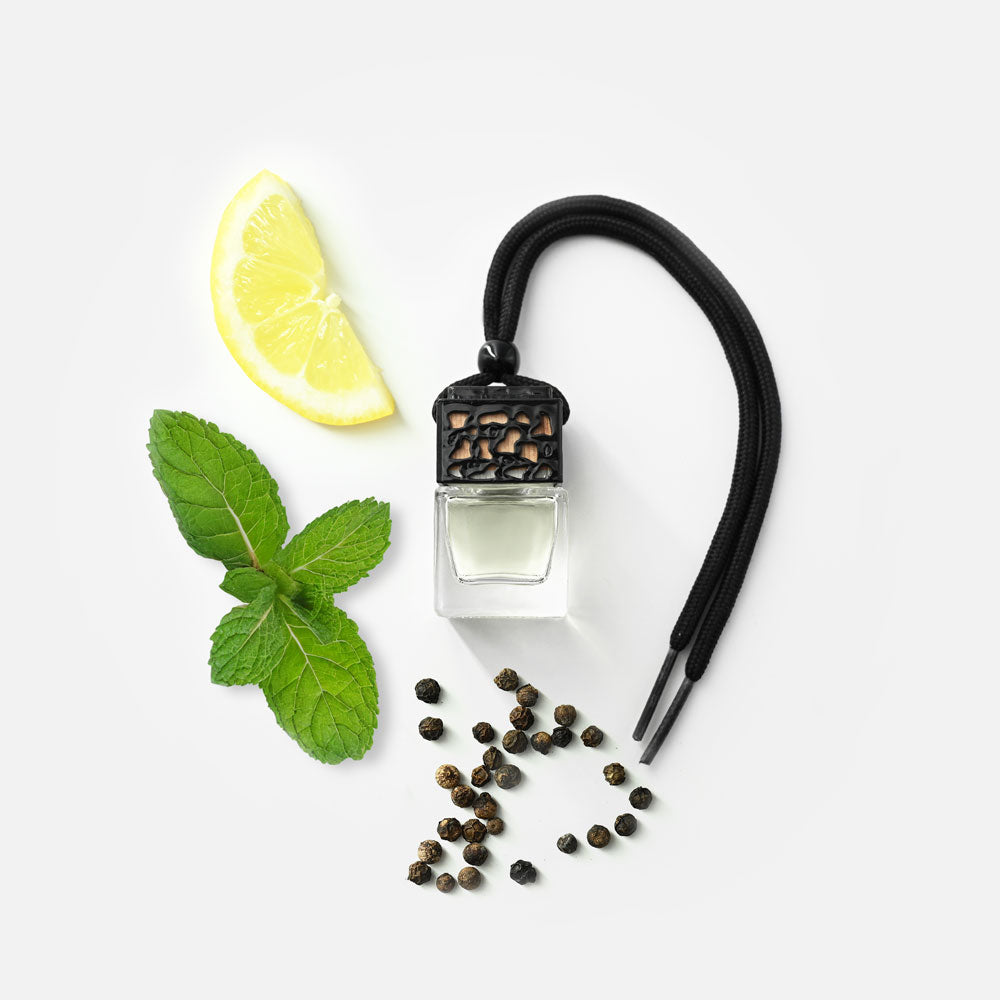 Ein kleines, quadratisches Fläschchen mit schwarzem Verschluss und Kordel liegt neben Minzblättern, Zitronenscheibe und Pfefferkörnern.