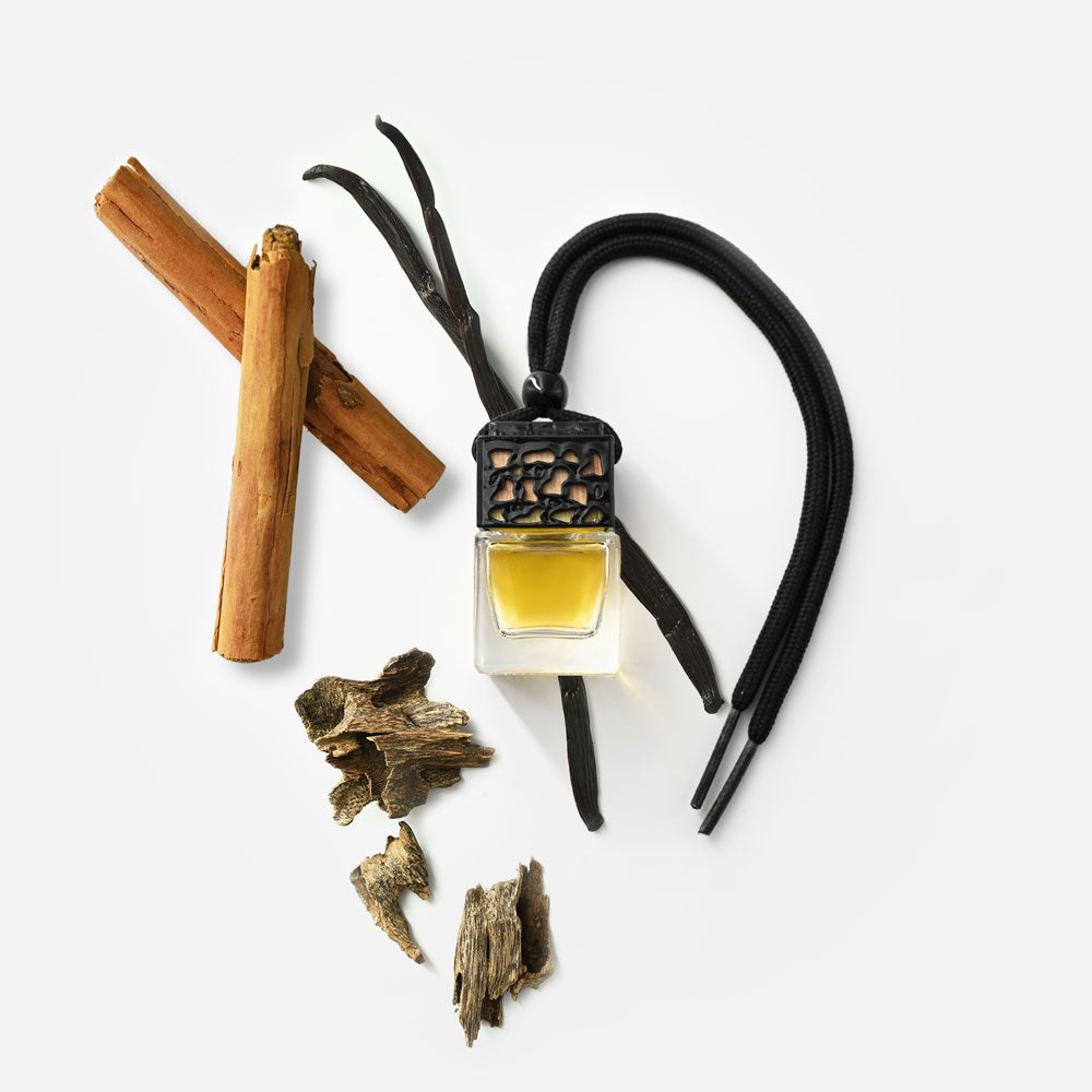 Auf dem Bild sind zwei Zimtstangen, mehrere Stücke Holz oder Rinde, zwei dunkle Vanilleschoten und ein kleiner Flakon mit gelblicher Flüssigkeit sowie eine schwarze Kordel sichtbar.