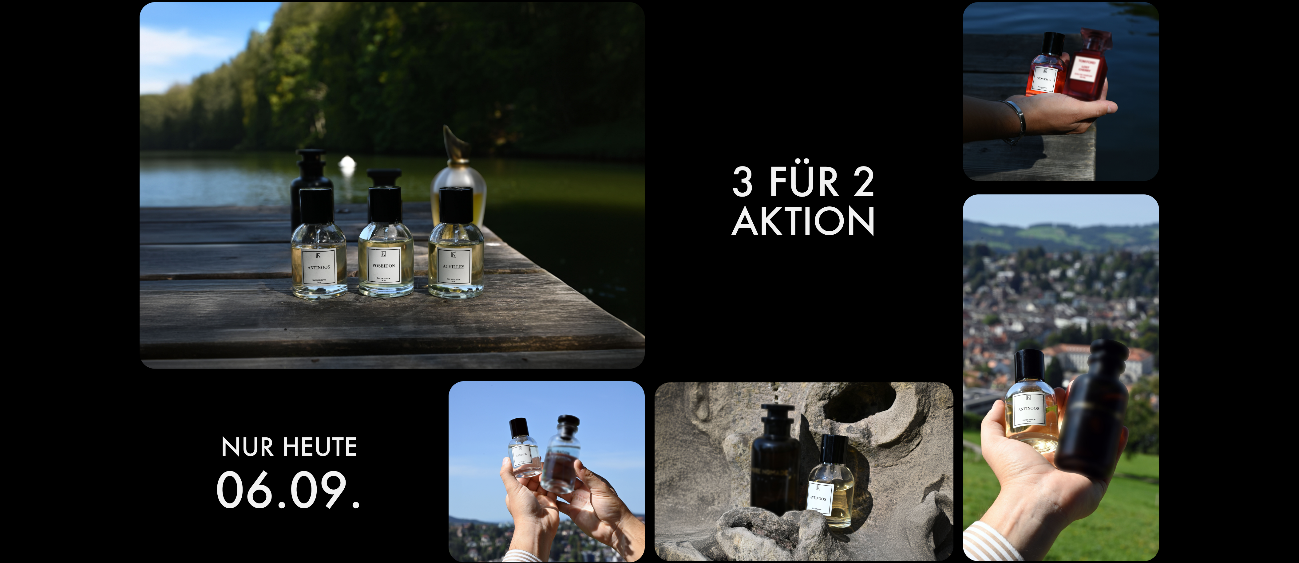 Mehrere Parfümflakons mit unterschiedlichen Etiketten und Farben sind auf Holztischen, in Händen und vor natürlicher Landschaft abgebildet. Ein Text bewirbt eine „3 für 2 Aktion“ und „Nur heute 06.09.“. Im Hintergrund sind ein See, Bäume, Felsen und eine unscharfe Stadt zu erkennen.